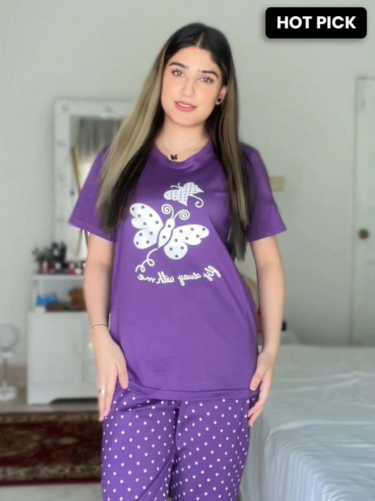 Purple Butterfly Printed  Night Suit